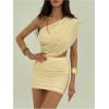 image:imageMakeMeChic Womens Mesh One Shoulder Dress Ruched Sleeveless Bodycon Party Short DressesApricot