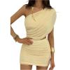 image:imageMakeMeChic Womens Mesh One Shoulder Dress Ruched Sleeveless Bodycon Party Short DressesApricot