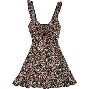 image:imageMakeMeChic Womens Ditsy Floral Print Shirred Tie Front Ruffle Sleeveless A Line Short Tank DressMulticolor