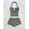 image:imageMAKEMECHIC Womens 2 Piece Summer Sets Beach Vacation Outfits Striped Halter Crop Tops Mini Shorts SetGreen