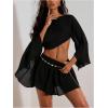 image:imageMakeMeChic Womens 2 Piece Outfit Ponchos Crop Tops and Shorts Beach Vacation Summer SetsBlack