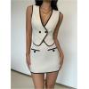 image:imageMakeMeChic Womens 2 Piece Outfit V Neck Sleeveless Blazer Vest and Bodycon Skirt Set Work SuitApricot