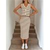 image:imageMakeMeChic Womens 2 Piece Outfits Striped V Neck Button Down Vest Top and Bodycon Midi Skirt Matching SetsMulticolor