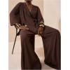 image:imageMakeMeChic Womens 2 Piece Set Wrap V Neck 34 Sleeve Blouse and Wide Leg Pant Business Casual OutfitsBrown