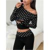 image:imageMakeMeChic Womens 2 Piece Sets Polka Dots Off The Shoulder Crop Tops Flare Pants Holiday OutfitsBlack and White