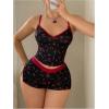 image:imageMakeMeChic Womens 2 Piece Summer 2 Piece Lingerie Sleepwear Soft Cherry Print Spaghetti Strap Crop Tops and Split Shorts SetBlack