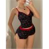 image:imageMakeMeChic Womens 2 Piece Summer 2 Piece Lingerie Sleepwear Soft Cherry Print Spaghetti Strap Crop Tops and Split Shorts SetBlack
