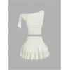image:imageMakeMeChic Womens 2 Piece Summer Outfits Brown Metal 3D Floral Asymmetrical Tops and Ruffle Tiered Mini Skirt SetsApricot