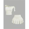 image:imageMakeMeChic Womens 2 Piece Summer Outfits Brown Metal 3D Floral Asymmetrical Tops and Ruffle Tiered Mini Skirt SetsApricot