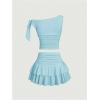 image:imageMakeMeChic Womens 2 Piece Summer Outfits Brown Metal 3D Floral Asymmetrical Tops and Ruffle Tiered Mini Skirt SetsBlue