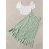 image:imageMakeMeChic Womens 2 Piece Summer Outfits Short Sleeve Square Neck Crop Top and Ditsy Floral Midi Skirt Boho SetsWhite and Green