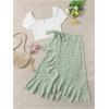 image:imageMakeMeChic Womens 2 Piece Summer Outfits Short Sleeve Square Neck Crop Top and Ditsy Floral Midi Skirt Boho SetsWhite and Green
