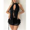 image:imageMakeMeChic Womens 2 Piece Y2k Outfit Floral Lace Open Back Halter Tops and Ruched Skirt SetBlack
