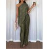 image:imageMakeMeChic Womens Asymmetrical Set 2 Piece Striped One Shoulder Pants Set Elegant Work SuitArmy Green