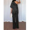 image:imageMakeMeChic Womens Asymmetrical Set 2 Piece Striped One Shoulder Pants Set Elegant Work SuitBlack