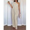 image:imageMakeMeChic Womens Asymmetrical Set 2 Piece Striped One Shoulder Pants Set Elegant Work SuitChampagne