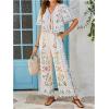image:imageMakeMeChic Womens Boho 2 Piece Outfit Floral Pants Set Vacation Short Sleeve Tie Front Blouse and Pants SetApricot