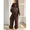 image:imageMakeMeChic Womens Maternity 2 Piece Outfits Off The Shoulder Tops and Wide Leg Pants Pregnancy SetCoffee Brown