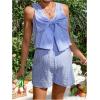 image:imageMakeMeChic Womens Maternity 2 Piece Outfits Plaid Print Summer Sleeveless Bow Knot Front Tank Tops and Shorts Set Blue and White Medium
