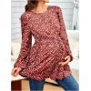 image:imageMakeMeChic Womens Maternity Blouse Floral Lantern Sleeve Crew Neck Belted Pregrancy Shirt TopsRed