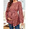 image:imageMakeMeChic Womens Maternity Blouse Floral Lantern Sleeve Crew Neck Belted Pregrancy Shirt TopsRed