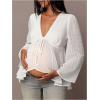 image:imageMakeMeChic Womens Maternity Blouses Swiss Dots Long Sleeve V Neck Tie Front Babydoll Tops ShirtWhite