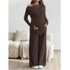 image:imageMakeMeChic Womens Maternity Clothes 2 Piece Spring Outfits Asymmetrical Top and Pants Matching SetsBrown