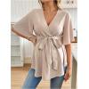 image:imageMakeMeChic Womens Maternity Nursing Blouse V Neck Wrap Ruffle Short Sleeve Belted Pregnancy Shirt Business Work TopsApricot