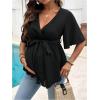 image:imageMakeMeChic Womens Maternity Nursing Blouse V Neck Wrap Ruffle Short Sleeve Belted Pregnancy Shirt Business Work TopsBlack