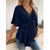 image:imageMakeMeChic Womens Maternity Nursing Blouse V Neck Wrap Ruffle Short Sleeve Belted Pregnancy Shirt Business Work TopsDark Blue