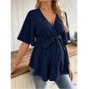 image:imageMakeMeChic Womens Maternity Nursing Blouse V Neck Wrap Ruffle Short Sleeve Belted Pregnancy Shirt Business Work TopsDark Blue