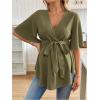 image:imageMakeMeChic Womens Maternity Nursing Blouse V Neck Wrap Ruffle Short Sleeve Belted Pregnancy Shirt Business Work TopsDark Green