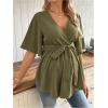 image:imageMakeMeChic Womens Maternity Nursing Blouse V Neck Wrap Ruffle Short Sleeve Belted Pregnancy Shirt Business Work TopsDark Green