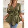 image:imageMakeMeChic Womens Maternity Nursing Blouse V Neck Wrap Ruffle Short Sleeve Belted Pregnancy Shirt Business Work TopsDark Green