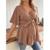image:imageMakeMeChic Womens Maternity Nursing Blouse V Neck Wrap Ruffle Short Sleeve Belted Pregnancy Shirt Business Work TopsMocha Brown