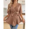 image:imageMakeMeChic Womens Maternity Nursing Blouse V Neck Wrap Ruffle Short Sleeve Belted Pregnancy Shirt Business Work TopsMocha Brown