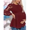 image:imageMakeMeChic Womens Maternity Shirts Crew Neck Tops Lace Jacquard Long Sleeve Ruffle Blouse ClothesBurgundy