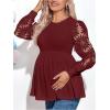 image:imageMakeMeChic Womens Maternity Shirts Crew Neck Tops Lace Jacquard Long Sleeve Ruffle Blouse ClothesBurgundy