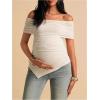 image:imageMakeMeChic Womens Maternity Summer Off The Shoulder Tops Short Sleeve Ruched Asymmetrical Pregnancy TopsApricot