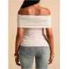 image:imageMakeMeChic Womens Maternity Summer Off The Shoulder Tops Short Sleeve Ruched Asymmetrical Pregnancy TopsApricot