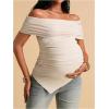image:imageMakeMeChic Womens Maternity Summer Off The Shoulder Tops Short Sleeve Ruched Asymmetrical Pregnancy TopsApricot