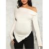 image:imageMakeMeChic Womens Maternity T Shirt Off Shoulder Sweater Asymmetrical Hanky Hem Long Sleeve Knit TopsApricot
