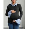 image:imageMakeMeChic Womens Maternity T Shirts Striped Bell Sleeve Collared Fitted 2 in 1 Pregnancy TopsBlack