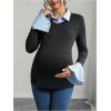 image:imageMakeMeChic Womens Maternity T Shirts Striped Bell Sleeve Collared Fitted 2 in 1 Pregnancy TopsBlack