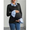 image:imageMakeMeChic Womens Maternity T Shirts Striped Bell Sleeve Collared Fitted 2 in 1 Pregnancy TopsBlack