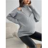 image:imageMakeMeChic Womens Maternity Turtleneck Sweater Cold Shoulder Mock Neck Long Sleeve Pullover Knit TopsGrey