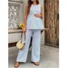 image:imageMakeMeChic Womens Maternity Two Piece Outfits Striped Crew Neck Sleeveless Tank Top and Pants Pregnancy SetsBlue