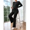 image:imageMakeMeChic Womens Maternity Two Piece Sets Crew Neck Long Sleeve Blouse and Flared Leg Pants Pregnancy OutfitsBlack