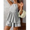 image:imageMakeMeChic Womens Striped 2 Piece Summer Outfits Halter Peplum Top and Wide Leg Shorts Matching SetsBlack