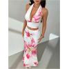 image:imageMakeMeChic Womens Summer 2 Piece Sets Floral Open Back Halter Crop Tank Top Flare Maxi Skirt SetWhite